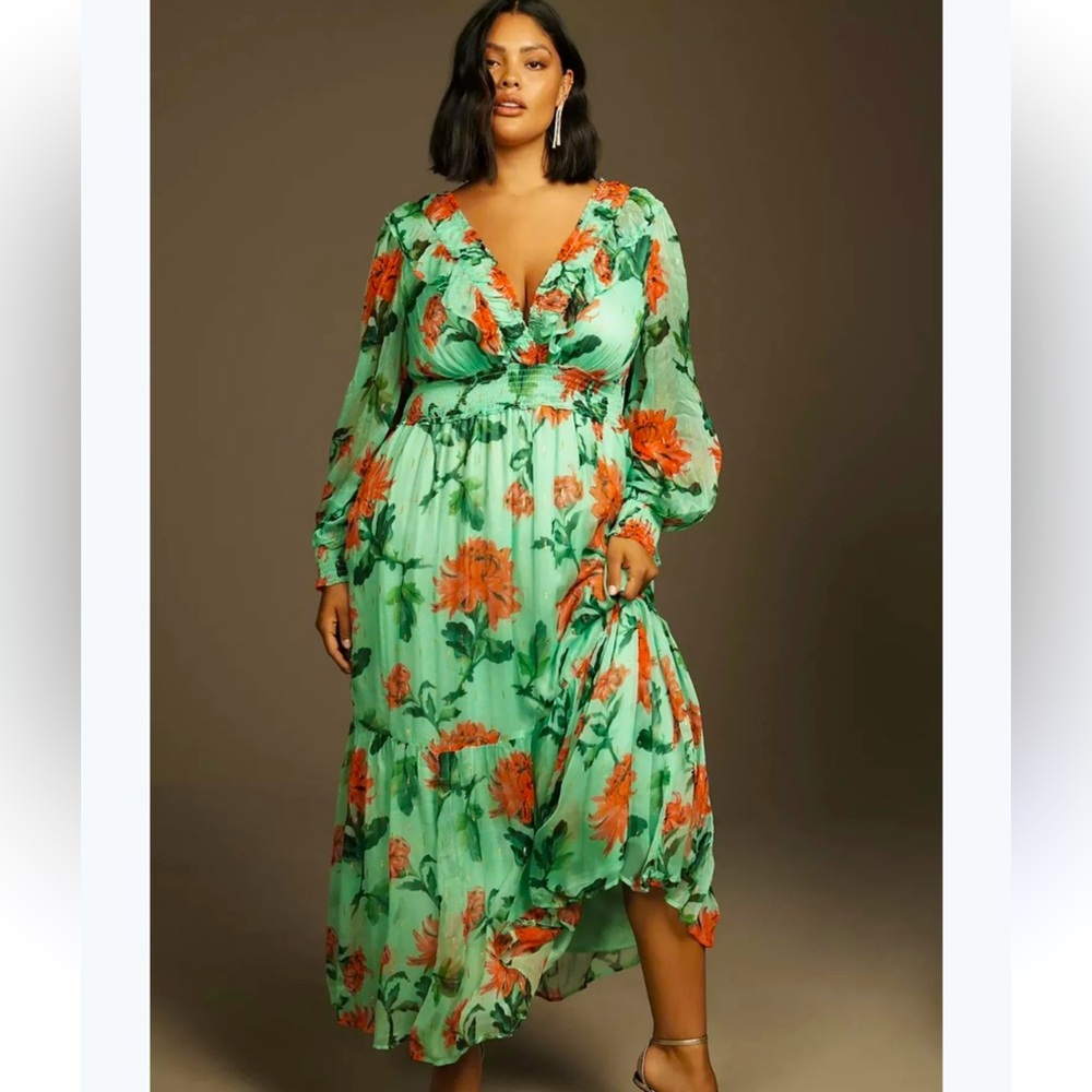Floral V-Neck Long Sleeve Maxi Dress in Mint with Orange Bloom